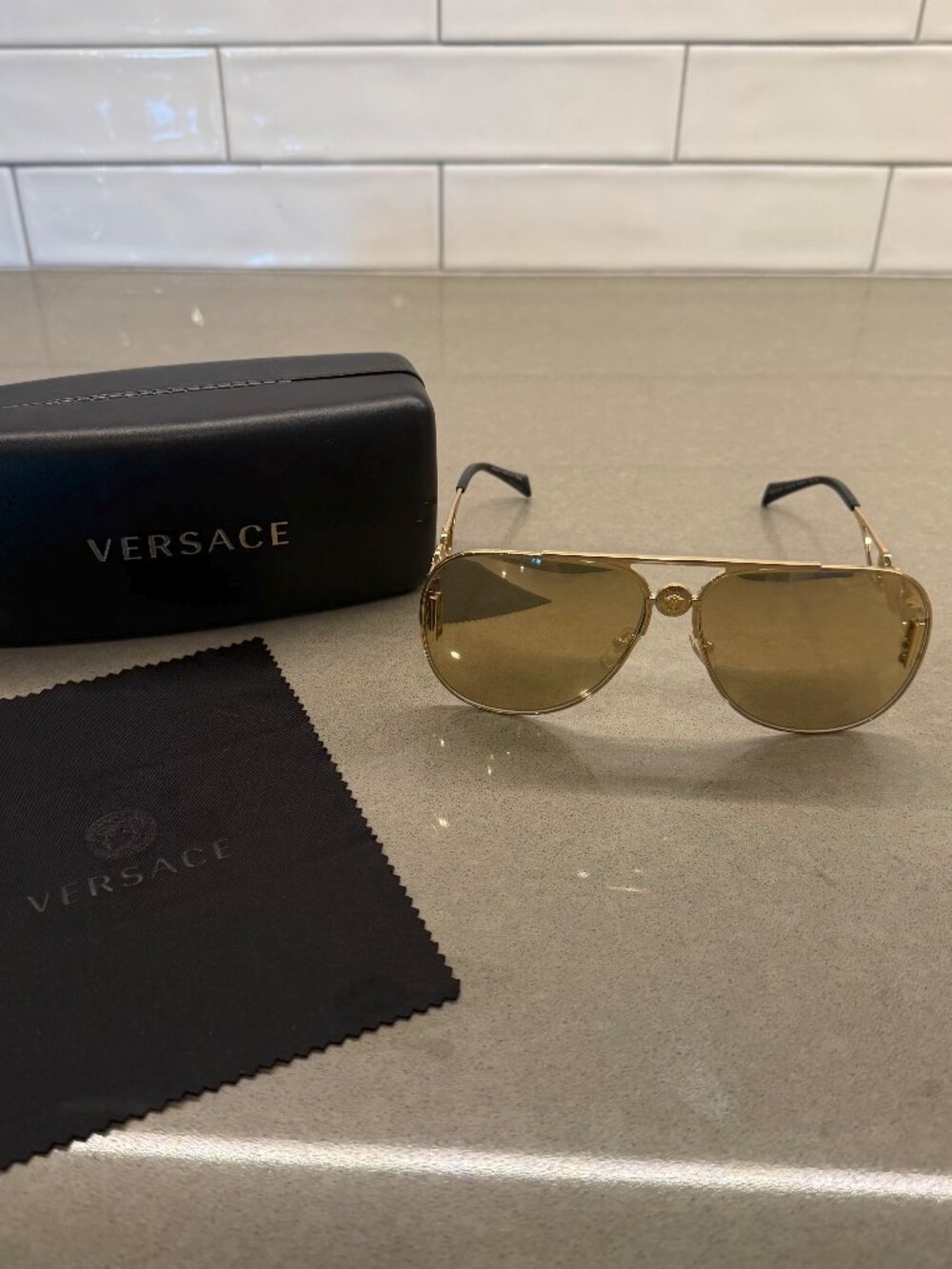 Versace MOD 2255 Gold Aviator Sunglasses – Worn Once – Case & Cloth Included